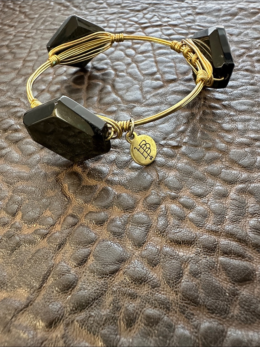 Bourbon and Bowties Gold-Tone Wire Bangle Bracelet with Black Stone Accents